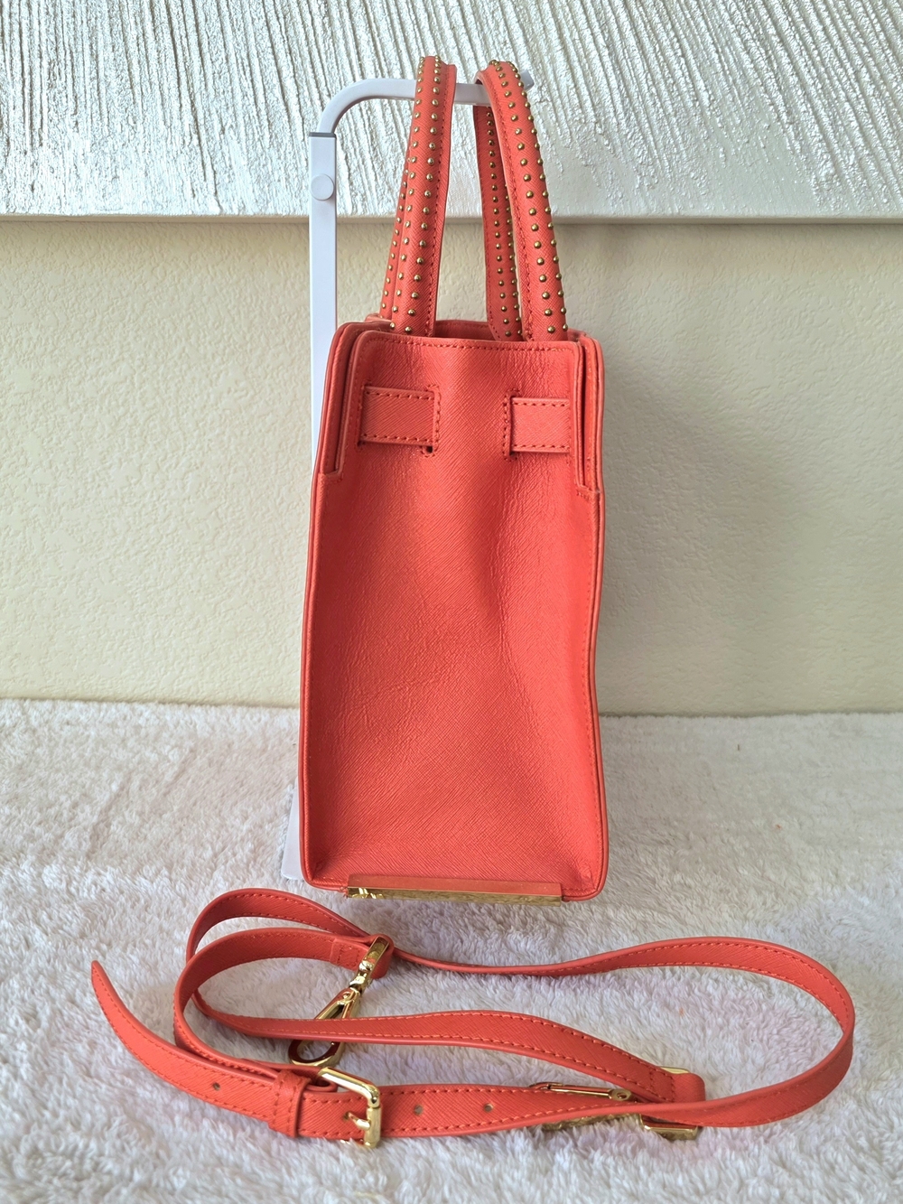 π§‘ Kenneth Cole Coral Orange Top Handle Gold Studded Tote Bag Detachable Strap - Picture 3 of 13